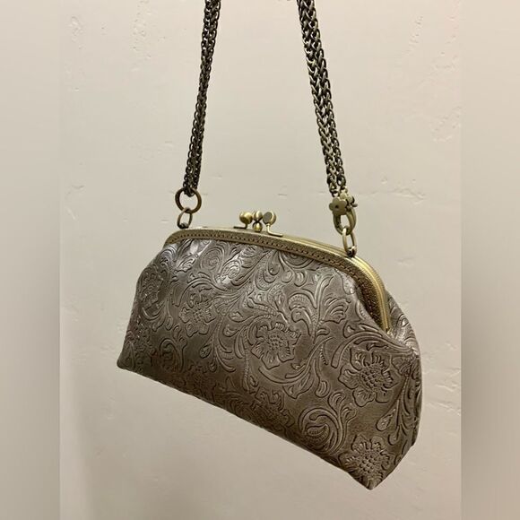 Handsewn Genuine Leather Floral Embossed Double Kiss-lock Clutch/Shoulder Bag - Picture 5 of 14